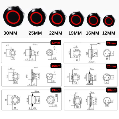 LED Waterproof Momentary Button 12mm, 16mm, 19mm, 22mm, 25mm, 30mm